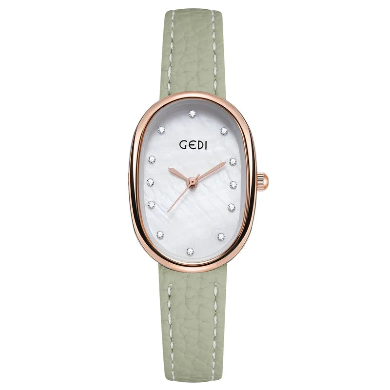 luckacco light luxury mother-of-pearl women's watch niche oval waterproof watch ladies litchi pattern leather belt quartz watch