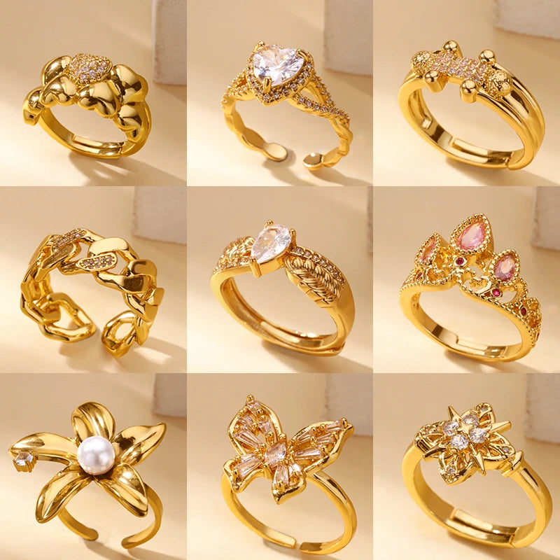 luckacco luxury zircon geometric rings for women gold color adjustable  stainless steel heart flower ring wedding fashion jewelry gift