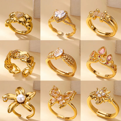 Luckacco Luxury Zircon Geometric Rings for Women Gold Color Adjustable  Stainless Steel Heart Flower Ring Wedding Fashion Jewelry Gift
