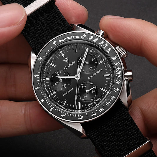 Luckacco CADISEN New Men's Watches Luxury Quartz Wrist Watch For Men Sapphire AR Coated Crystal Canvas VK68 Speed Chronograph Automatic