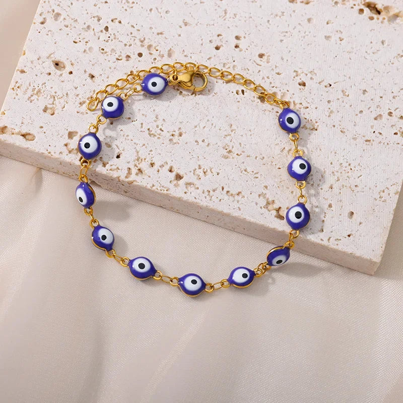 luckacco stainless steel evil eye bracelets for women men enamel round chain blue evil eye hand bracelet summer beach jewelry gift 2024