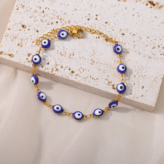 Luckacco Stainless Steel Evil Eye Bracelets For Women Men Enamel Round Chain Blue Evil Eye Hand Bracelet Summer Beach Jewelry Gift 2024