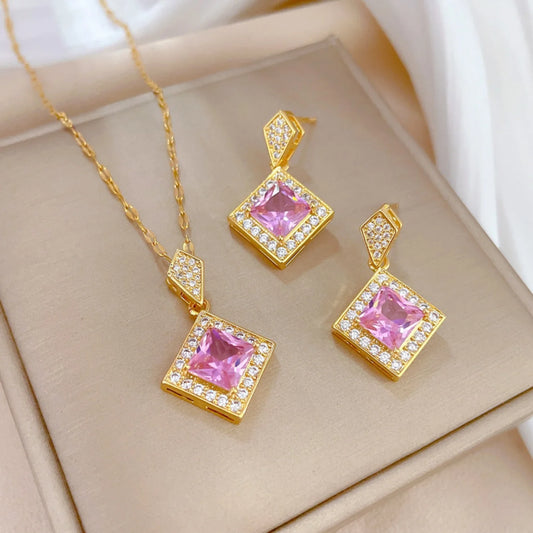 Luckacco Exquisite Geometry Square Necklace Earrings Jewelry Set Charm Ladies Jewelry Fashion Bridal Accessory Set Romantic Gift