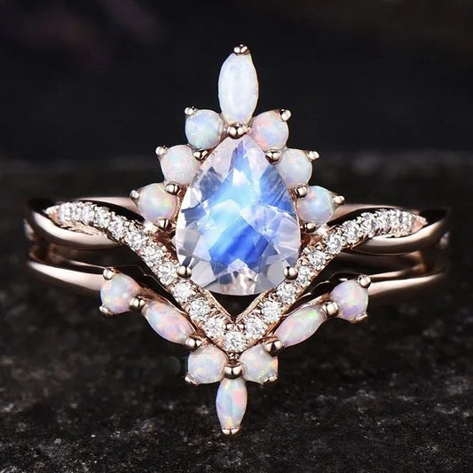 Luckacco Charm Rose Gold Color Waterdrop White Stone Flower Hollow Rings for Women Jewelry Anniversary Rings Set Gift
