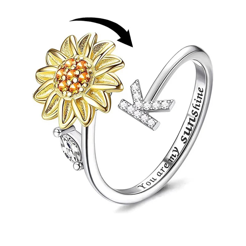 luckacco rotating sunflower initial letter rings for women anti anxiety spinner you are my sunshine stainless steel ring birthday jewelry