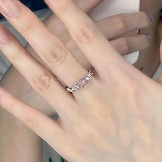 Luckacco Vintage Silver Color Ring Pink Heart Opal Creative Finger Ring Aesthetic Cute Punk Rings for Women Charm Jewelry Accessories
