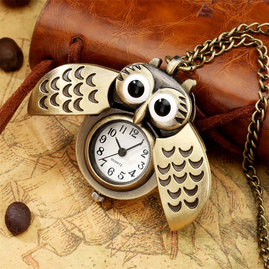 Luckacco Tiny Cute Owl Shaped Pendant Necklace Pocket Watch for Kid Men Women Retro Quartz Pocket Clock Gifts Arabic Numerals Dial