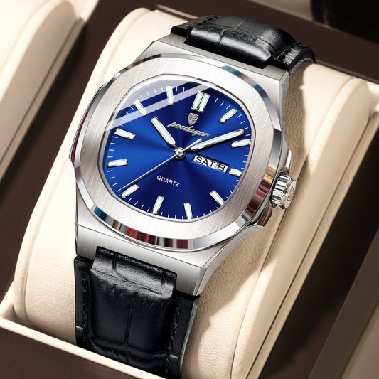 Luckacco POEDAGAR High Quality Watch For Men Luxury Luminous Waterproof Week Calendar Man Clock Leather Square Men's Quartz Watches Reloj