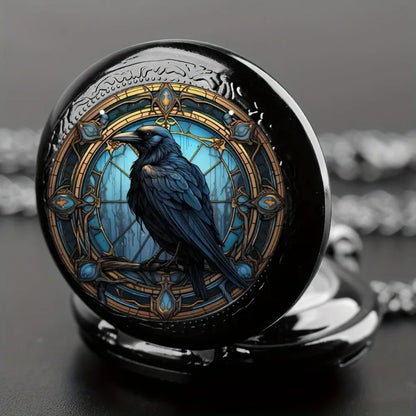Luckacco Unique Vintage Black Crow Mini Quartz Pocket Watch,Necklace Pendant With World Time Feature, Ideal Gift For Men & Women and Kids
