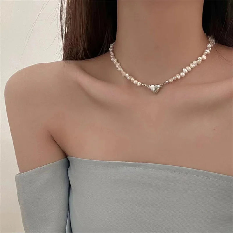luckacco korean fashion pearl chain choker necklace for women girls 2022 trend jewelry heart pendant necklace bridal engagement