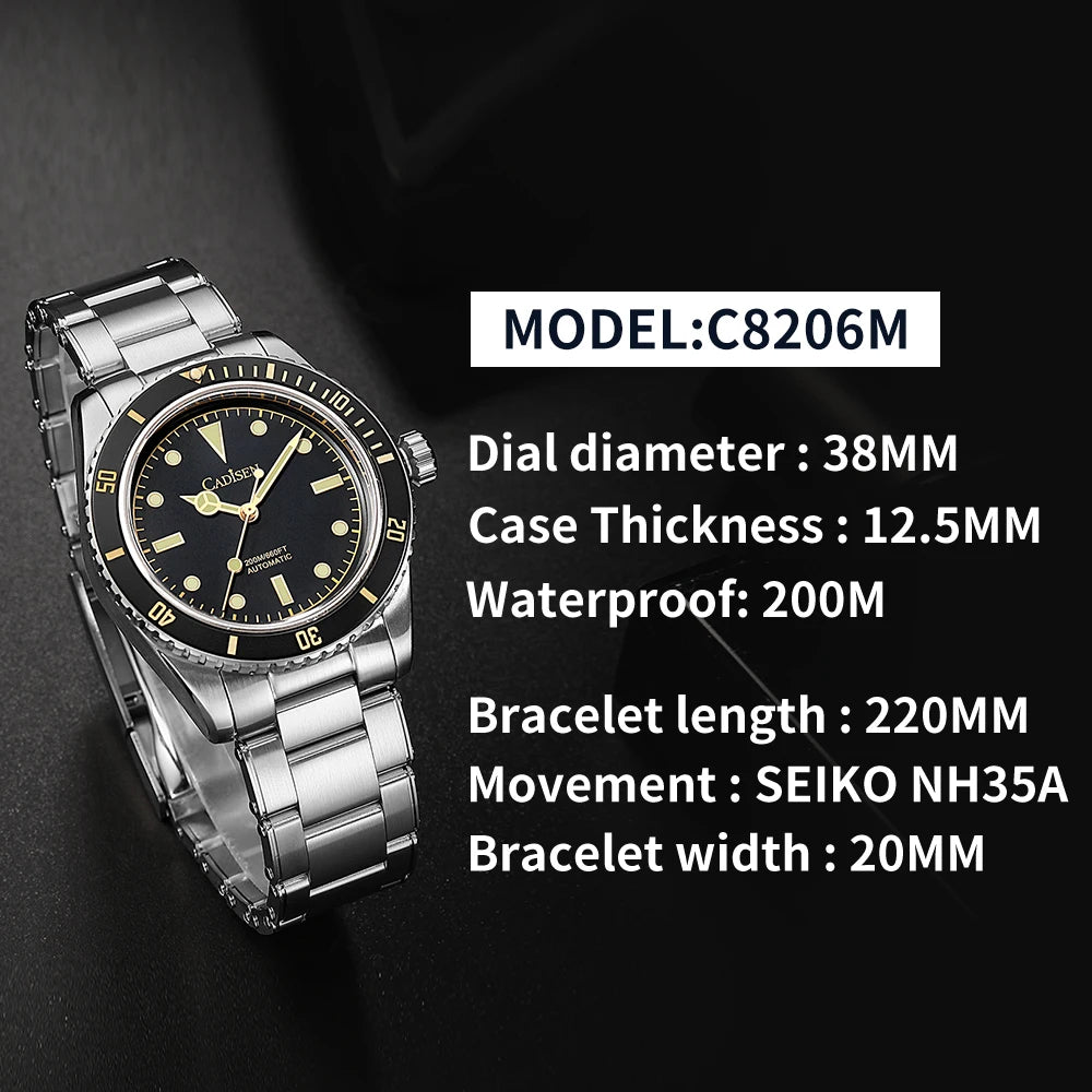 luckacco cadisen luxury men watch 38mm diver vintage automatic business wristwatches nh35 mechanical sapphire 20 bar mens retro clock