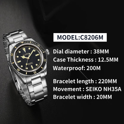 Luckacco CADISEN Luxury Men Watch 38mm Diver Vintage Automatic Business Wristwatches NH35 Mechanical Sapphire 20 Bar Mens Retro Clock