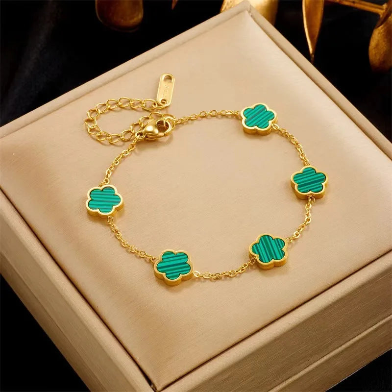 luckacco lucky cute colorful five-leaved flower stainless steel bracelets for women fashion light luxury paty jewelry gifts