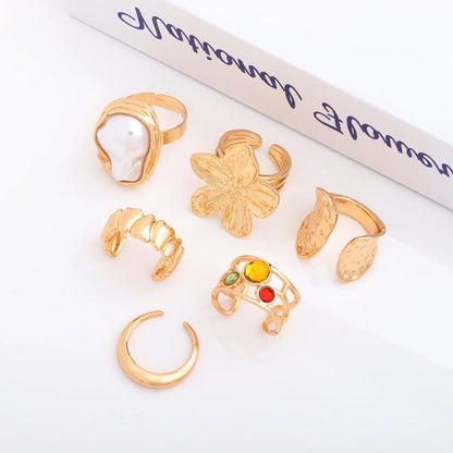 Luckacco 6pcs Set Personality Trend Liquid Metal Lava Flower Baroque Imitation Pearl Zircon Opening Rings for Women Jewelry Sets Gifts
