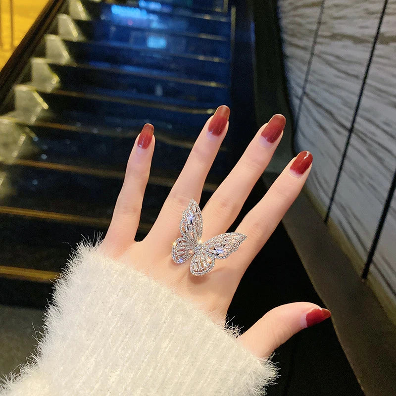 luckacco women's copper set zircon butterfly ring european and american style luxury bubble cocktail party ring bride jewelry accessories