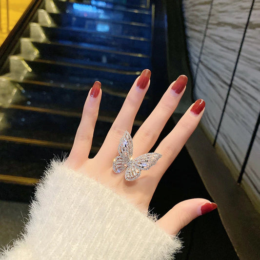 Luckacco Women's Copper Set Zircon Butterfly Ring European and American Style Luxury Bubble Cocktail Party Ring Bride Jewelry Accessories