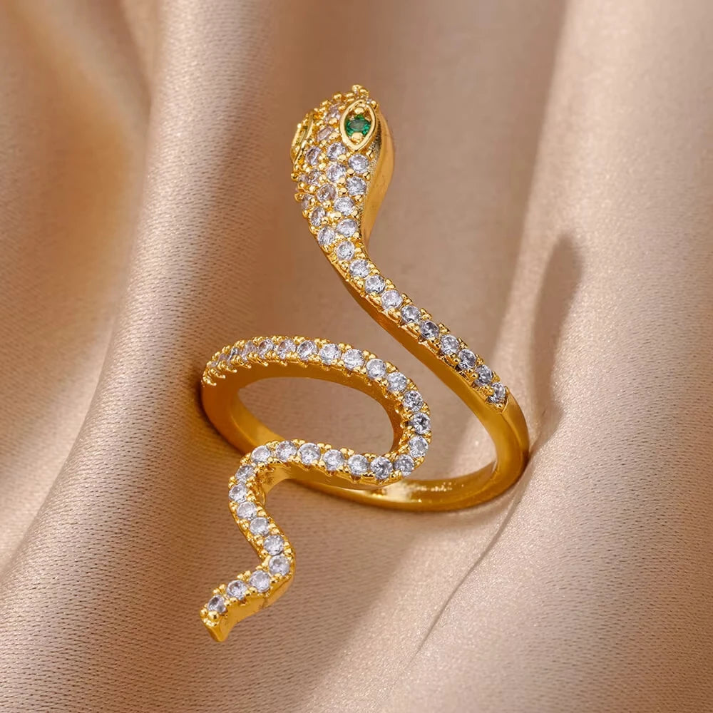 luckacco gold plated stainless steel green zircon snake rings for women men open adjustable finger ring vintage gothic aesthetic jewelry