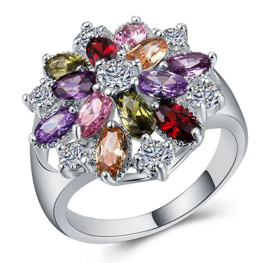 Luckacco Flower Collection ! Exquisite Colorful Cubic Zircon Flower Engagement Ring For Women Party Jewelry Hand Accessories Size 6-10