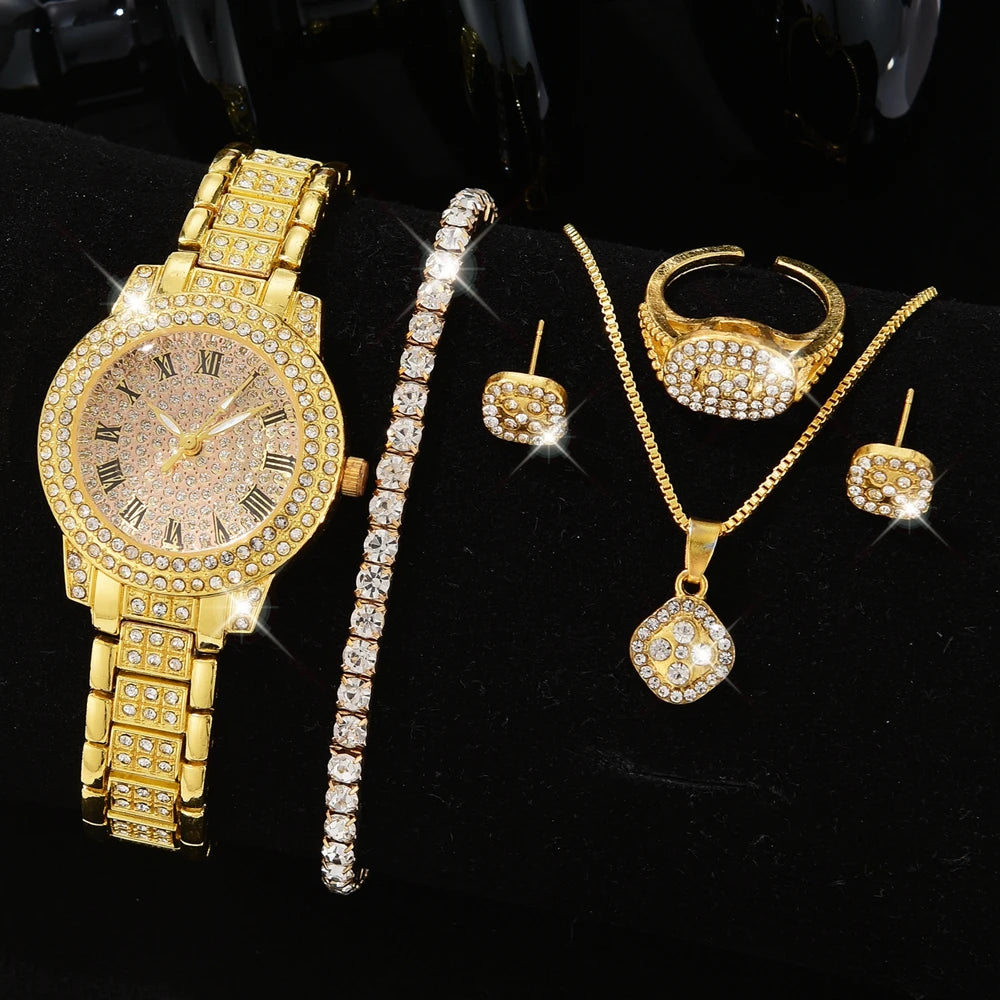 luckacco 6pcs/set silver women's watch business leisure element watch luxury dial quartz watch jewelry set gift for her