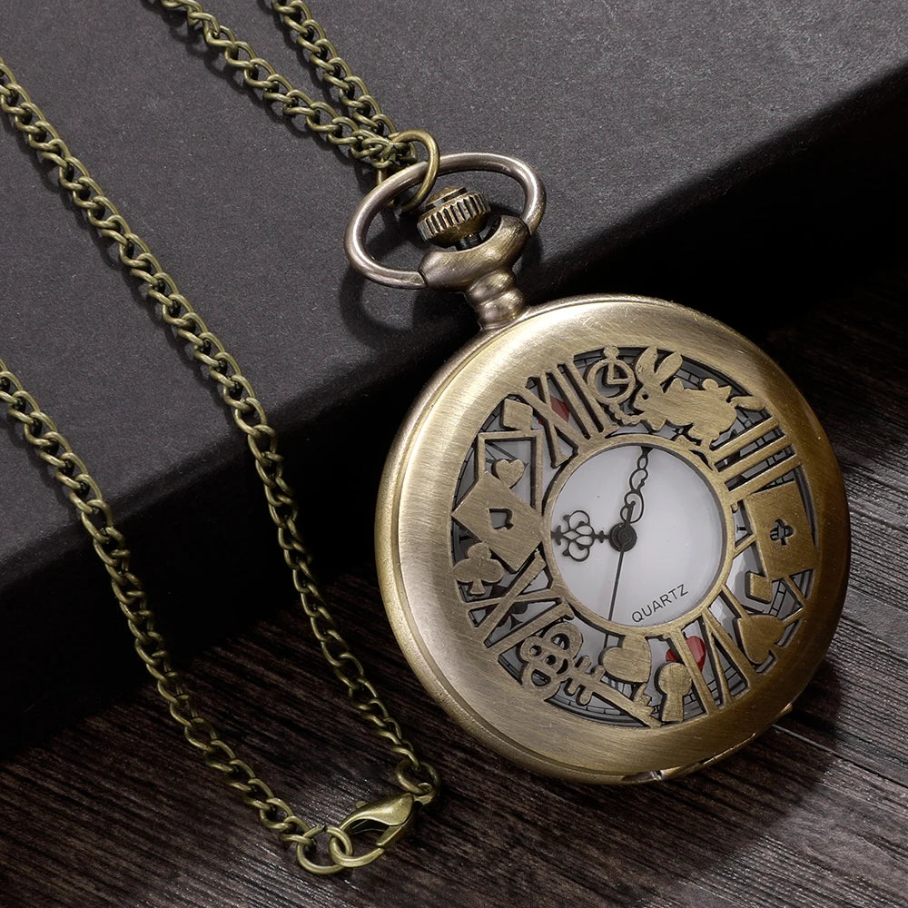 luckacco new bronze quartz pocket watch retro alice theme pocket fob watch pendant necklace pocket watch men womens gift