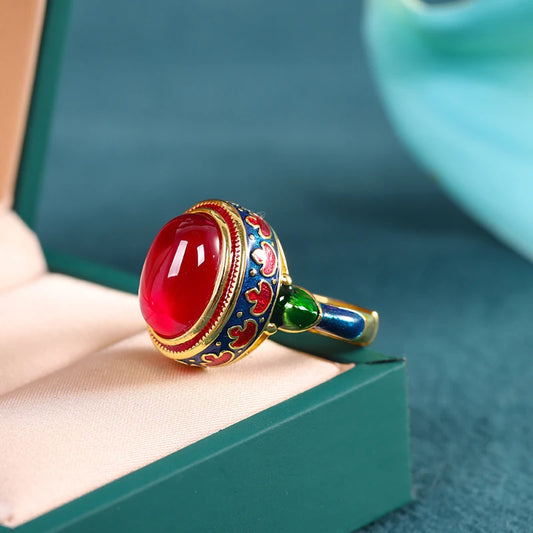 Luckacco Original ancient gold craftsmanship natural carnelian rings for women flower enamel national style light luxury Wedding jewelry