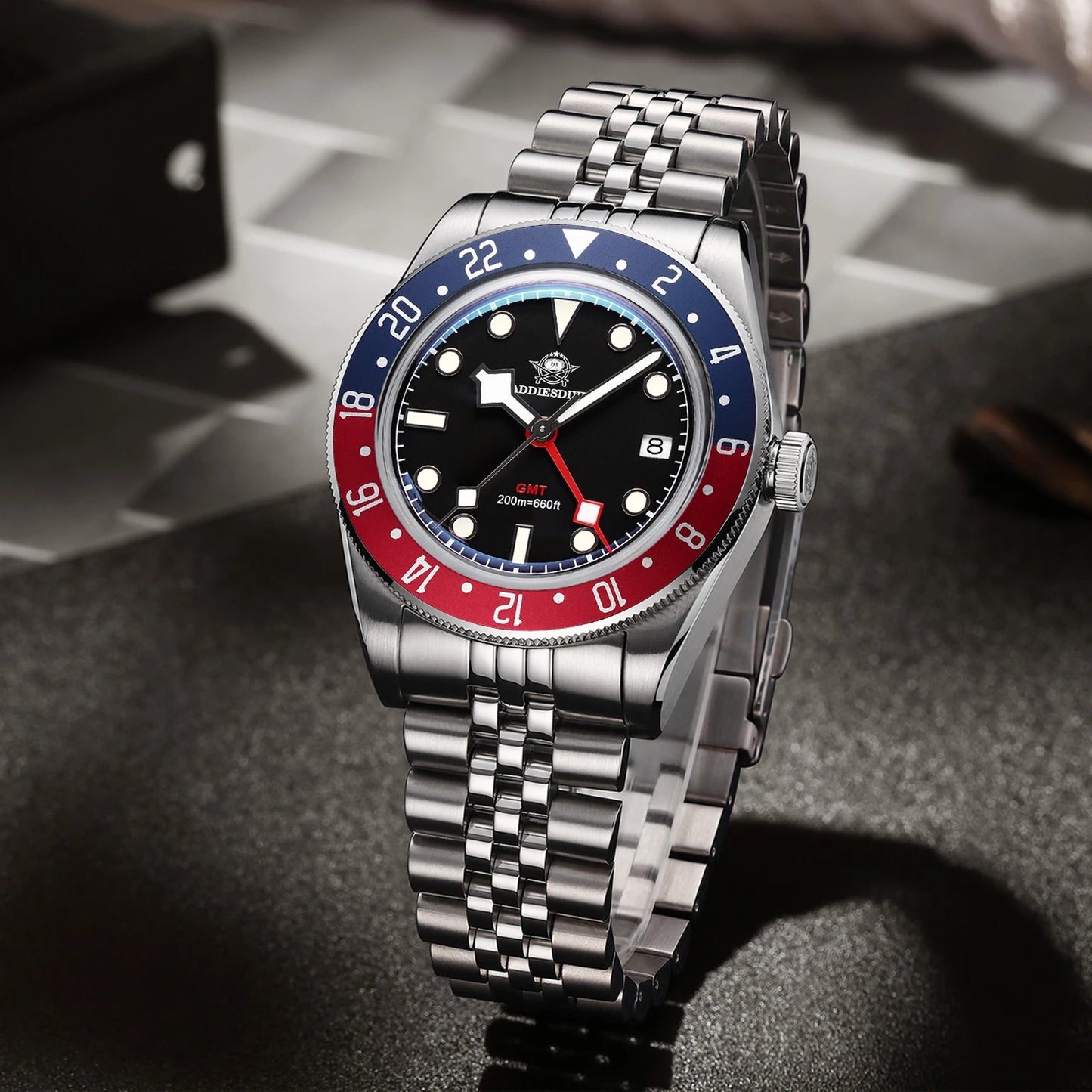 luckacco addiesdive luxury gmt515-24h men's watch diver 200m bubble mirror glass bgw9 super luminous stainless steel men's analog watches