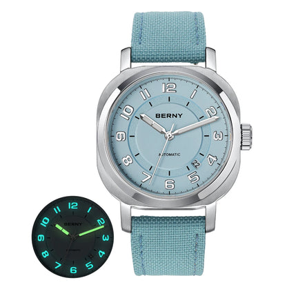 Luckacco BERNY Mechanical Watch for Women Self-wind Pillow Cushion Sapphire Super Luminous Wristwatch Canvas Calendar Watch for Ladies