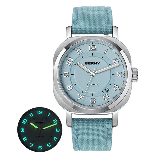 Luckacco BERNY Mechanical Watch for Women Self-wind Pillow Cushion Sapphire Super Luminous Wristwatch Canvas Calendar Watch for Ladies