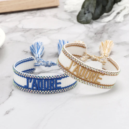 Luckacco Rhinestone Embroidery Woven Bracelets Adjustable Rope Stackable Bangle For Women