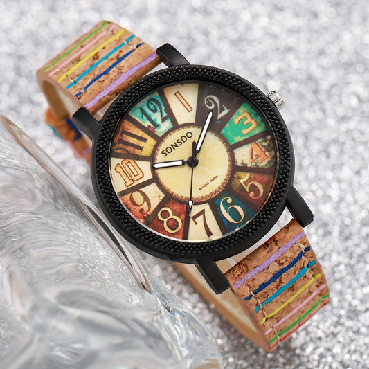 Luckacco 2PCS/Set Women's Watch Vintage Leather Band Analog Quartz Watch Rope Bracelet Set