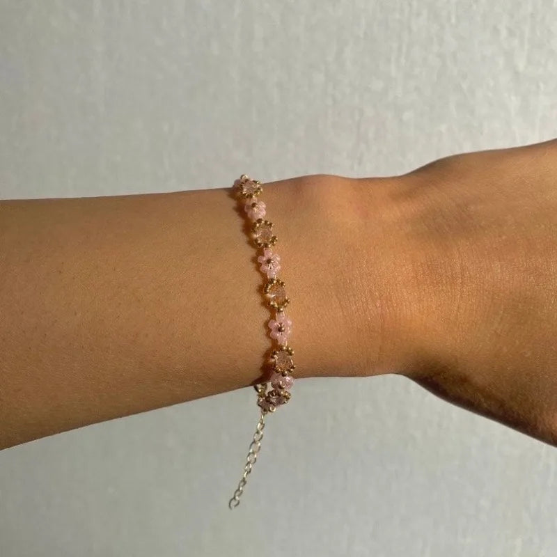 luckacco pink daisy beaded flower bracelet, a gift for her,
