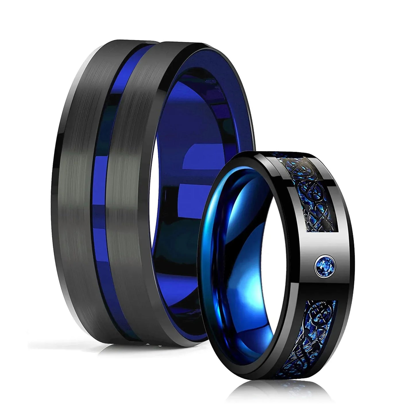 luckacco fashion 8mm black tungsten wedding celtic dragon rings inlaid blue zircon stainless steel rings for men blue carbon fibre ring