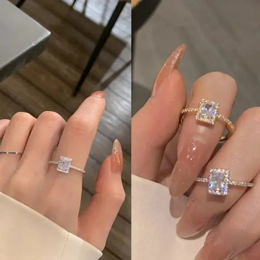 Luckacco Luxury Classic Moissanite Wedding Engagement Rings for Women Square Lucky Ring Adjustable Gold Color Rings Charm Jewelry