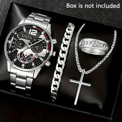 Luckacco 4Pcs/set Luxury Men Business Quartz Watch stainless steel Roman Calendar Wrist Watch Cross Necklace Bracelet Ring Set Men's Gift