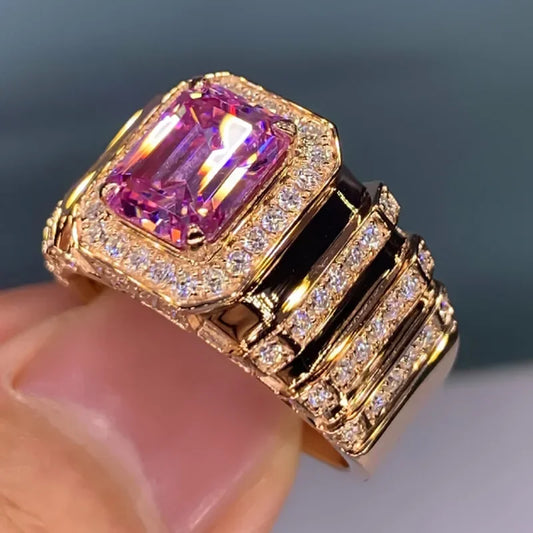 Luckacco Style Pink Sparkling Zircon Princess Square Engagement Ring for Ladies and Girlfriends Luxury Proposal  Gift Fashion Jewelry