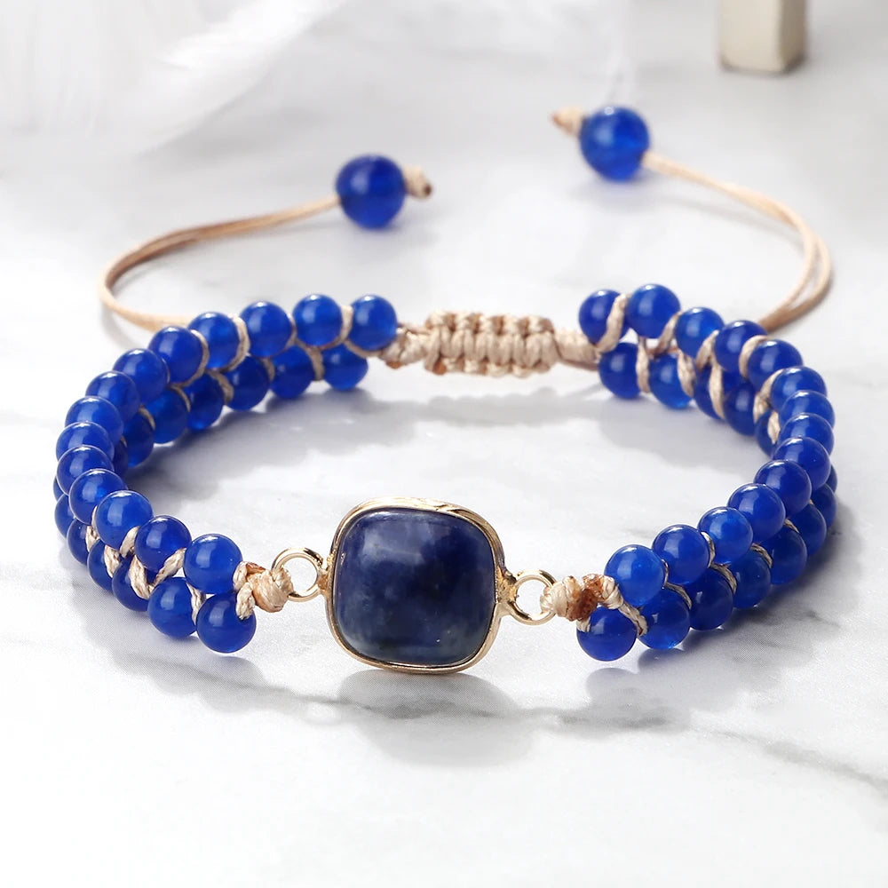 luckacco handmade natural chalcedony stone wrap bracelet & bangle charm lazurite pendant braided beaded bracelets women men yoga jewelry