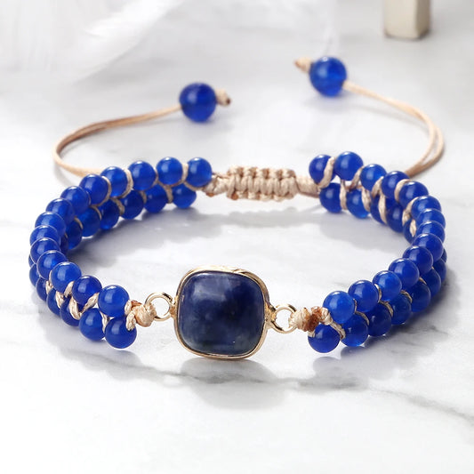 Luckacco Handmade Natural Chalcedony Stone Wrap Bracelet & Bangle Charm Lazurite Pendant Braided Beaded Bracelets Women Men Yoga Jewelry
