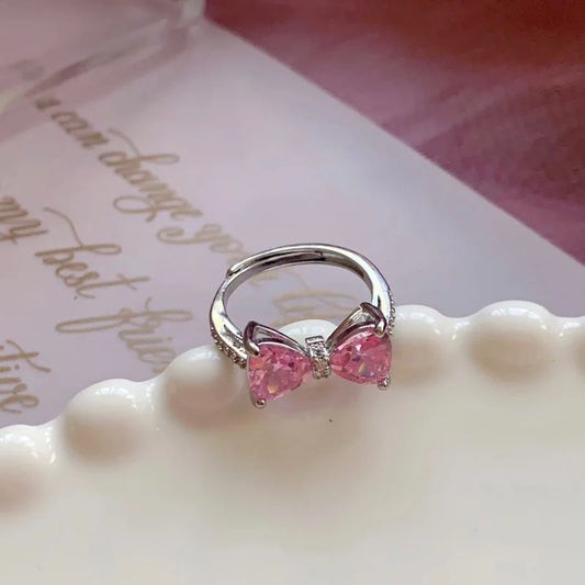 Luckacco Fashion Romantic Pink Crystal Bowknot Rings Sweet Exquisite Y2K Opening Finger Ring Girls Birthday Party Jewelry Accessories