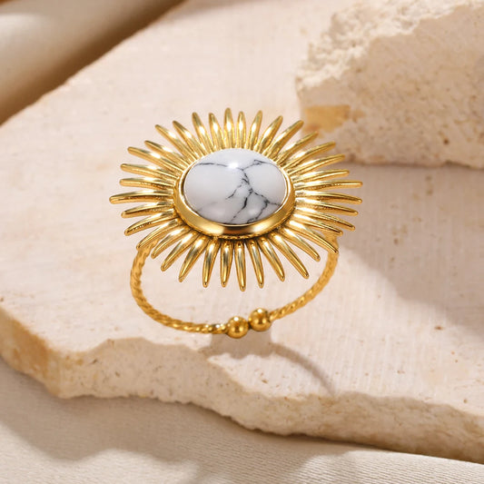 Luckacco Stainless Steel Rings Natural Stone Lucky Jewelry Round Sun Vintage Gold Color Ring For Women Anniversary Gift New Female Male