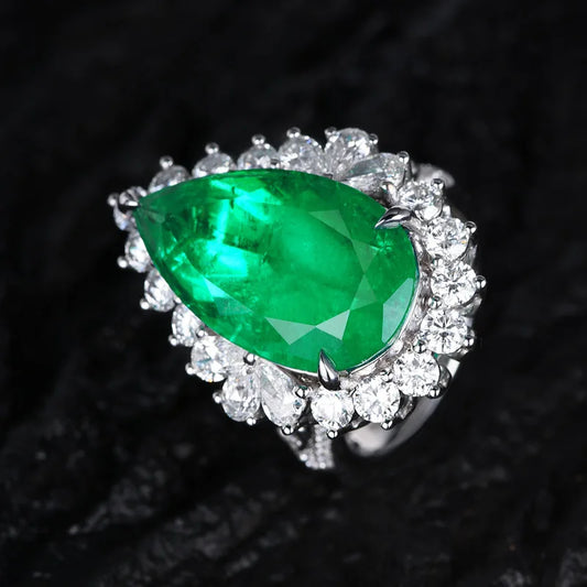 Luckacco Luxury Water Drop Lab Emerald Sapphire Open Ring Exquisite Silver 925 Banquet Finger Rings Valentine's Day Gifts