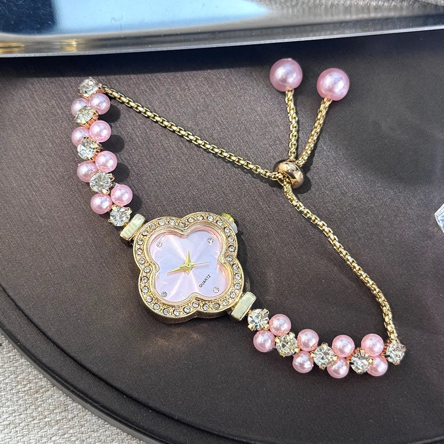 luckacco diamond set color light luxury drawstring watch exquisite small pearl clover drawstring style quartz women's watch