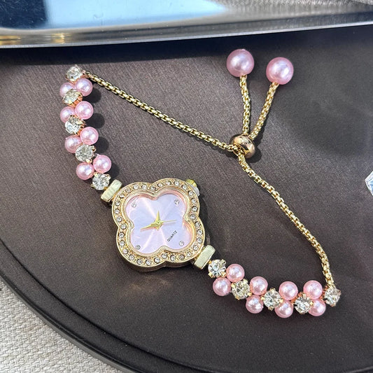Luckacco Diamond Set Color Light Luxury Drawstring Watch Exquisite Small Pearl Clover Drawstring Style Quartz Women's Watch