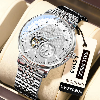 Luckacco POEDAGAR Luxury Man Wristwatch Top Automatic Mechanical Luminous Men Watch Hollow Tourbillon Stainless Steel Men's Watches Reloj