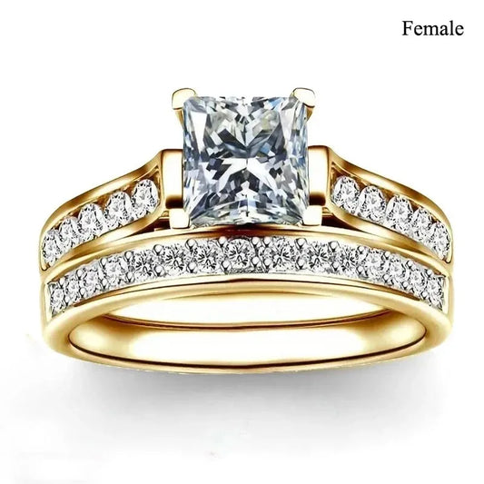 Luckacco Couple Rings Exquisite Women Rhinestones Zirconia Rings Set Simple Gold Color Men Stainless Steel CZ Stone Rings Wedding Jewelry