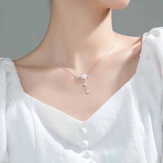 Luckacco 925 Sterling Silver Inlaid Zircon Necklaces for Women Romantic Cherry Blossom Pendant Clavicle Chain Choker Jewelry