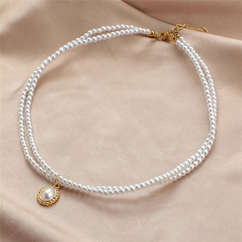 luckacco korean elegant pearl beads necklace for women fashion rhinestone shell heart pendant necklace girl charms vintage choker jewelry