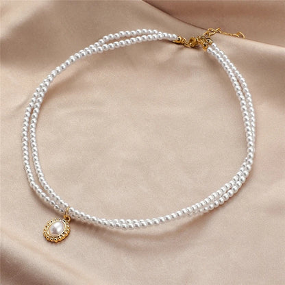 Luckacco Korean Elegant Pearl Beads Necklace for Women Fashion Rhinestone Shell Heart Pendant Necklace Girl Charms Vintage Choker Jewelry
