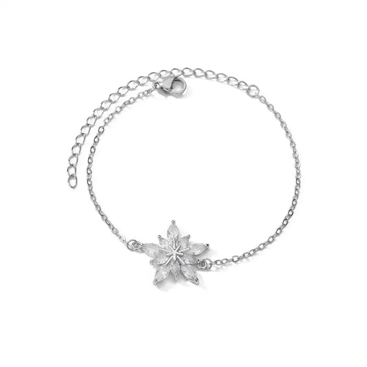 Luckacco Elegant Zircon Flowers Bracelet For Women Girls Charm Gold Color Stainless Steel Plant Bracelets Luxury Designer Jewelry Gifts