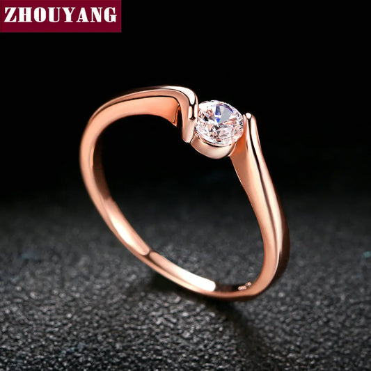 Luckacco ZHOUYANG Wedding Ring For Women Concise 4mm Round Cut Cubic Zirconia Rose Gold Color Engagement Fashion Jewelry ZYR239 ZYR422