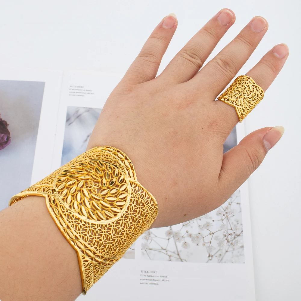 luckacco gold plated cuff bracelet with ring female dubai gold color bangles for women luxury dubai anniversary gift jewelry accessories